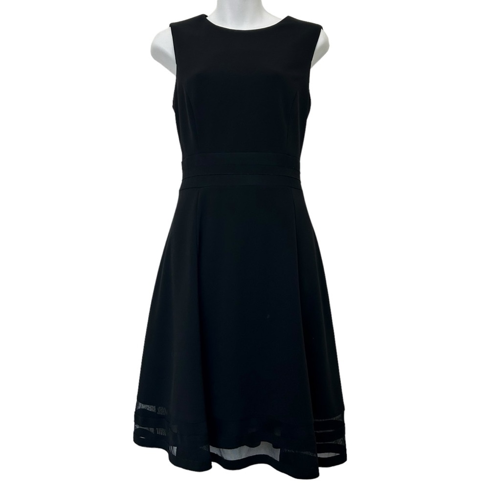 Calvin Klein sleeveless black crepe knit fit flare dress mesh panels size 10 - Picture 1 of 11